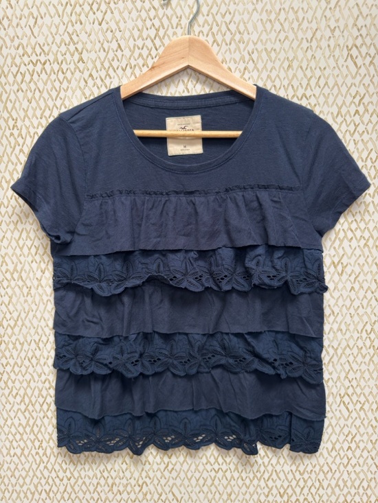 Hollister Tops - Hollister Navy Tiered Ruffle Eyelet Lace Tee Y2K Coquette Babydoll Top M
